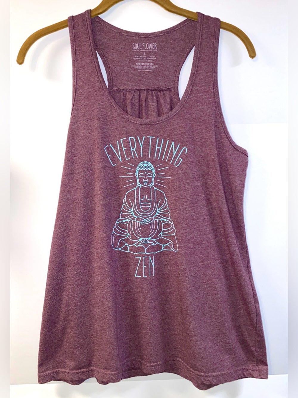 Soul Flower Purple Tank Top with Buddha phrase “Everything Zen” Size Large